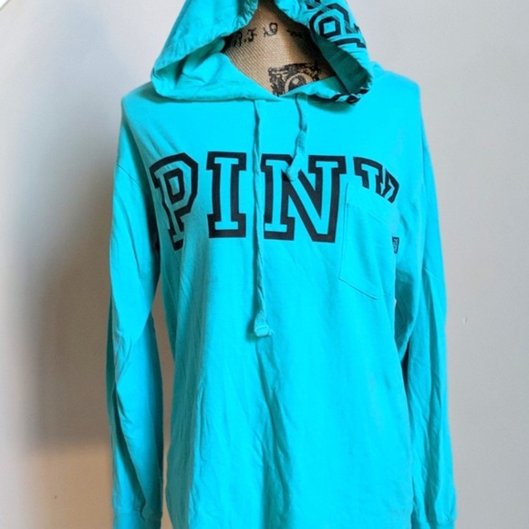 Victoria Secret PINK Teal Logo Hoodie Tee - Picture 1 of 6